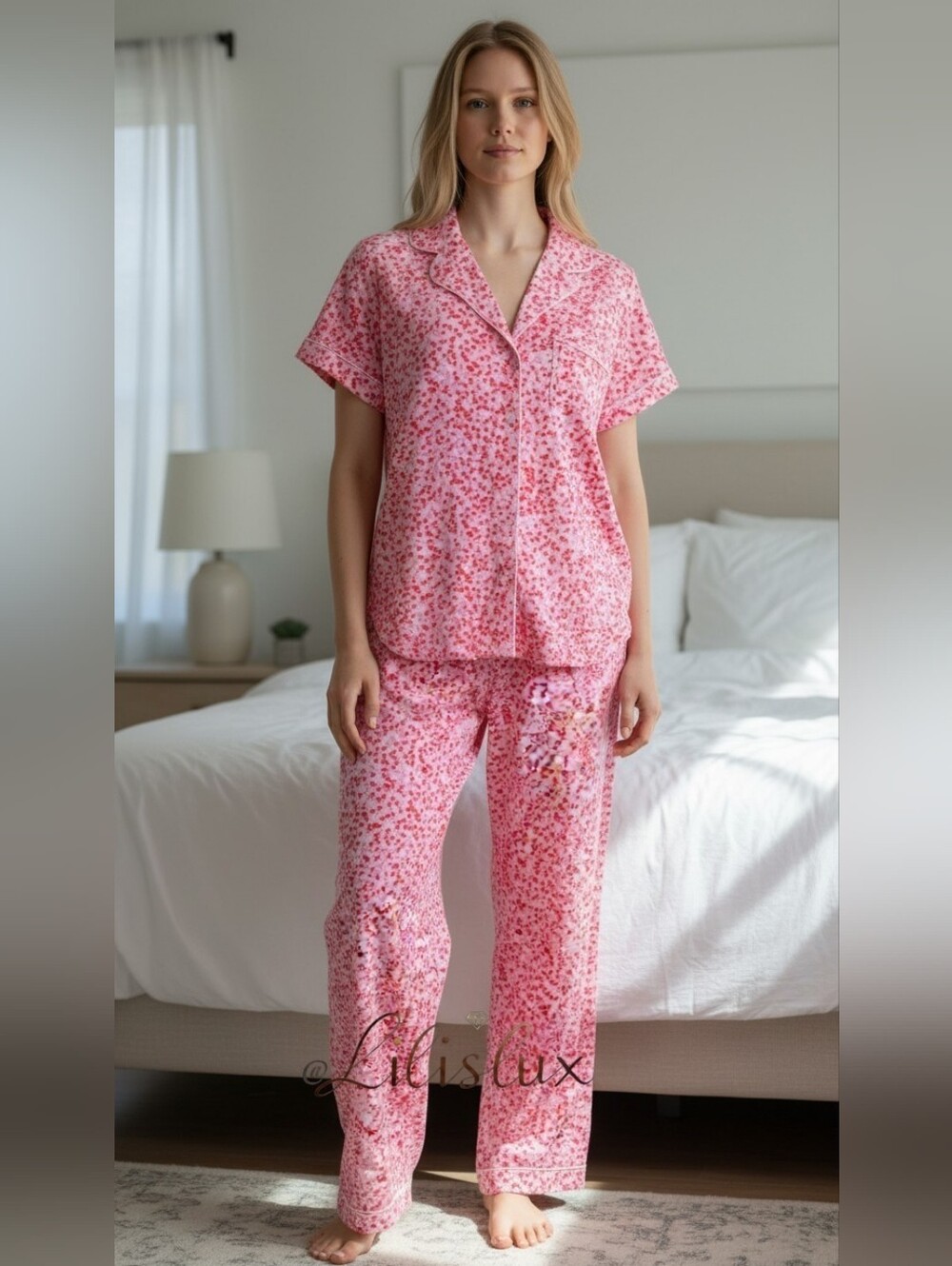 Kate Spade 2pc Pajama Set Size Large White Pink And Red Little Hearts Modal